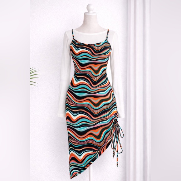 Almost Famous Dresses & Skirts - Y2K Swirl Print Ruched Midi Dress Asymmetrical Hem Retro